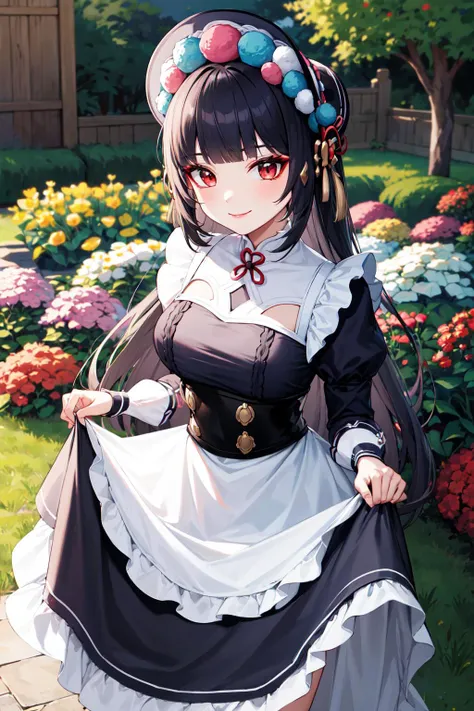 masterpiece, best quality, highres, aayunjin, long hair, bonnet, makeup, <lora:yun_jin_v1:0.7>, maid, apron, puffy sleeves, skirt hold, smile, garden