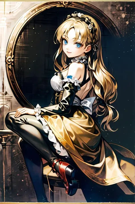 <lora:caravaggio_resize:1.3> Crvgg, a painting of a girl by Crvgg, ultra detailed, masterpiece, best quality,, solo, soft smile, light smile,
1girl, blue eyes, very long hair, blonde hair, long blonde hair, french braid, bangs, medium breasts,, hair ribbon...