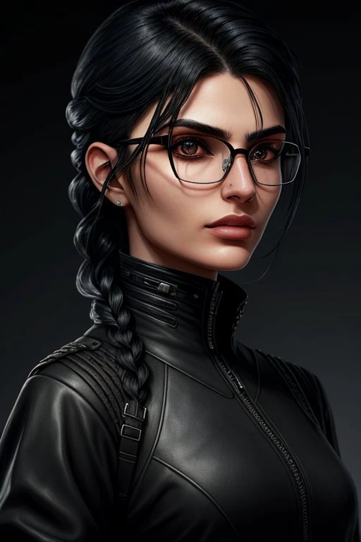 a woman with glasses and a black jacket