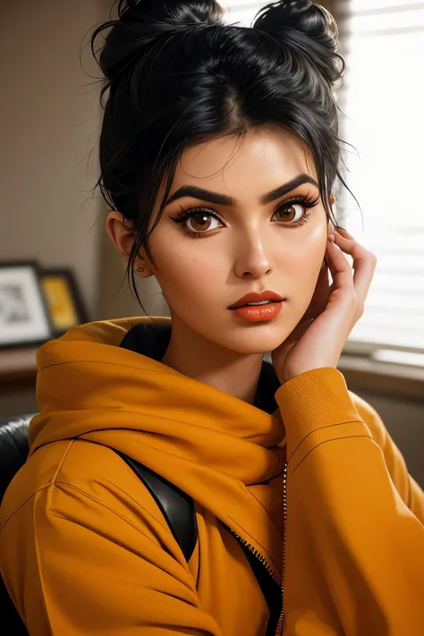 a close up of a woman with a yellow jacket and a black backpack