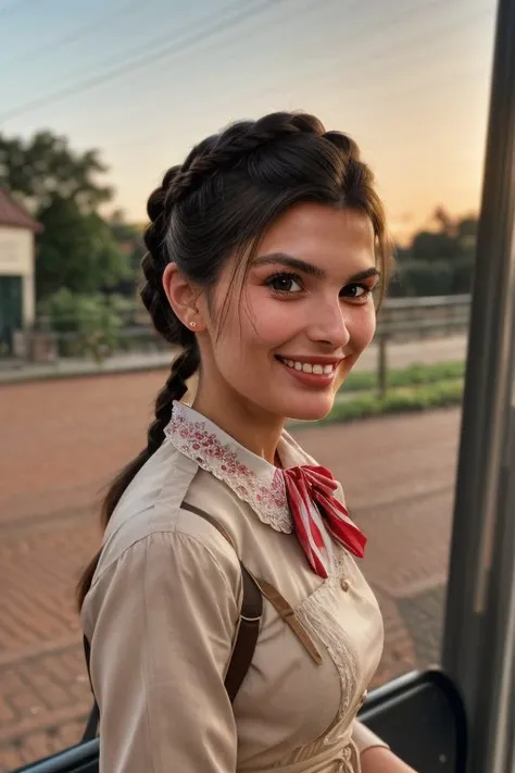 (shot from a Dutch angle, headshot:1.2) photo of <lora:YaelAris_v1:0.9> YaelAris  ,
smiling,
she is wearing tasuki,
she is wearing ascot,
her hair is styled as milkmaid braid,
BREAK she is (waiting at a bus stop in the country:1.1),
high key brightly lit,
...