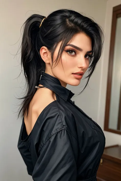 a woman with long black hair wearing a black top and a black jacket