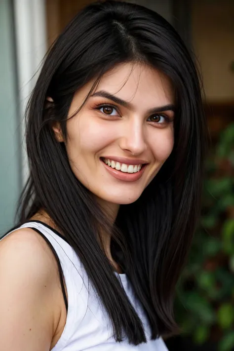 a close up of a woman with long black hair smiling