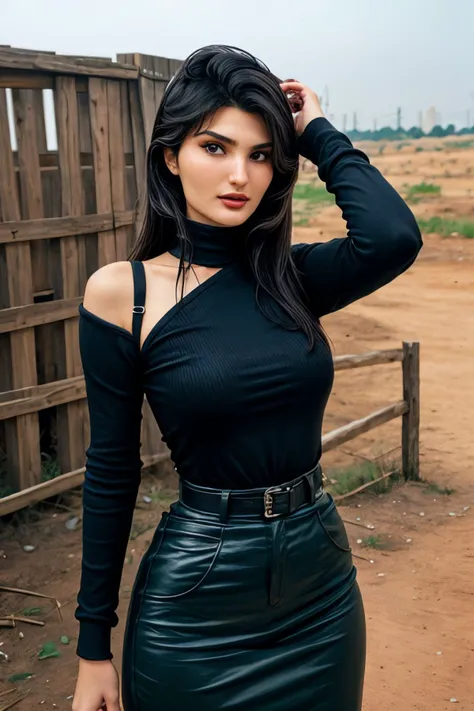 a close up of a woman in a black top and a black skirt