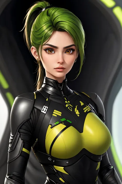 a woman in a black and yellow outfit with green hair