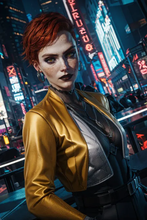 a woman in a gold jacket standing in front of a city