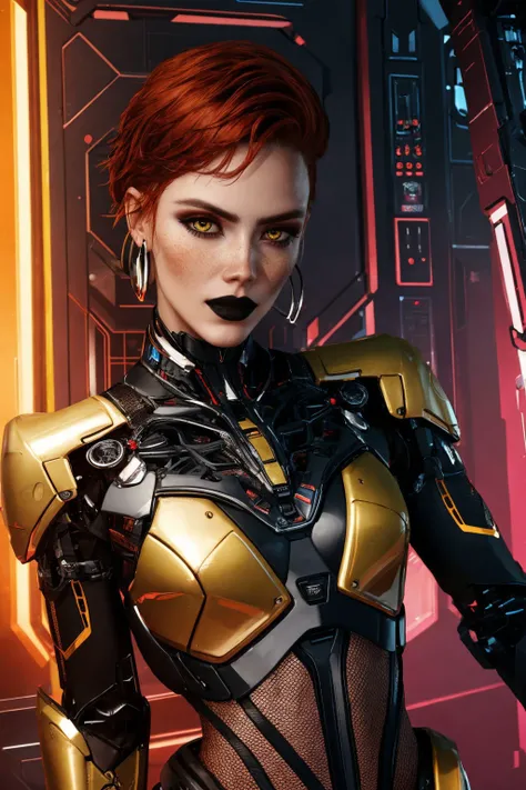 auroreCP77_soul3142,cyborg,mechanical arms,science fiction,spacecraft,masterpiece,best quality,intricate details,1girl,red hair,yellow eyes,freckles,black lips,<lora:auroreCP77-06n:0.55>,<lora:detail_slider_v4:0.75>,