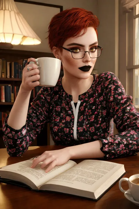 auroreCP77_soul3142,1girl,red hair,yellow eyes,freckles,black lips,glasses,makeup,sitting,pyjamas,reading book,coffee mug,dim light,indoors,masterpiece,best quality,intricate details,<lora:auroreCP77-06n:0.6>,<lora:detail_slider_v4:0.75>,