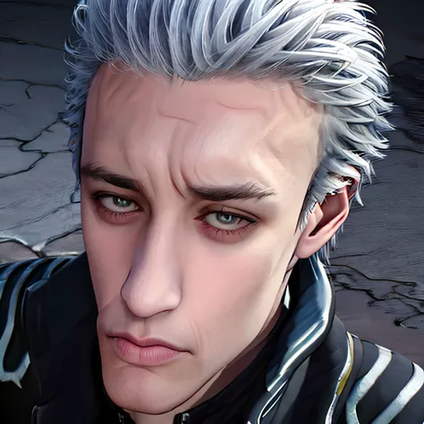 <lora:NoBitchesMeme:1>, NoBitches, Highly detailed, High Quality, Masterpiece, beautiful, 1boy, solo,  male focus, beard, cyborg,  <lora:vergil:0.8>,vergil,jacket, leather, male_focus, realistic, detailed eyes,snow, solo, white_hair, zipper,looking looking...