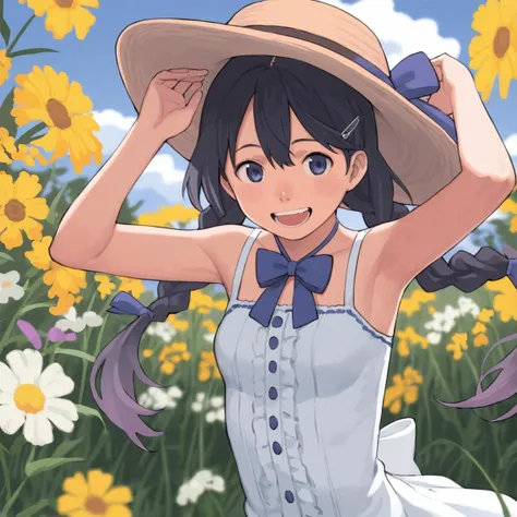 anime girl in a field of flowers with a hat on