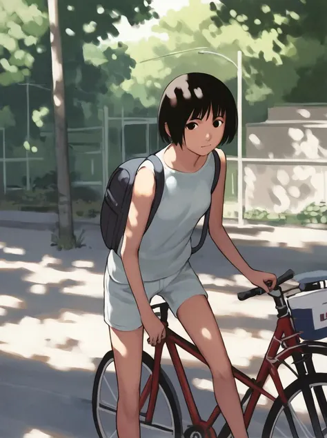 anime girl riding a bike with a backpack on the back