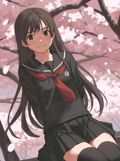 anime girl sitting on a bench in front of a cherry tree