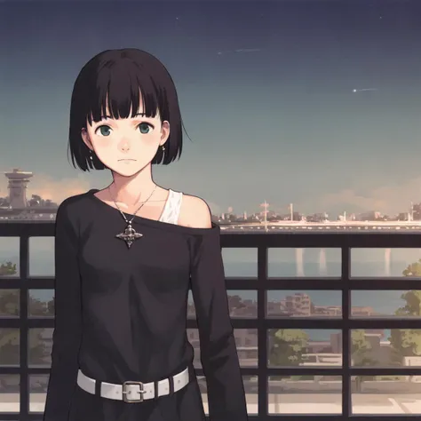 anime girl standing on a bridge looking at the camera