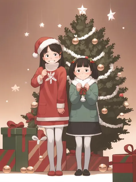 two girls standing next to a christmas tree with presents