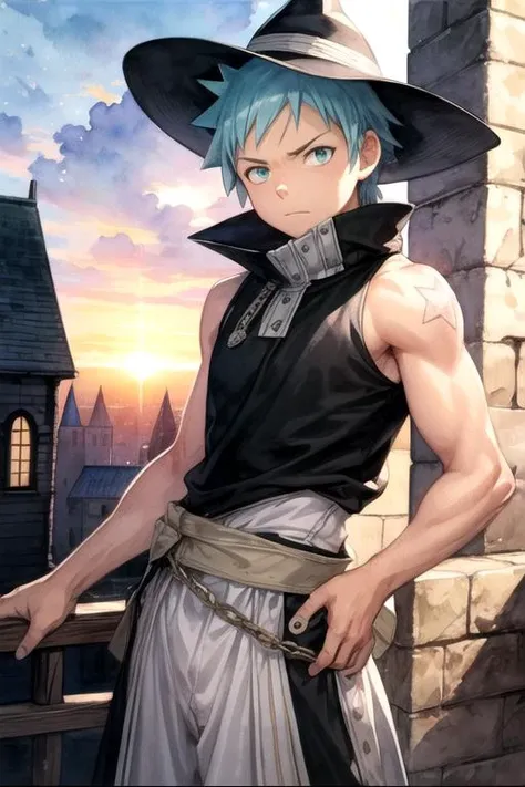 masterpiece, best quality, photorealistic, 1boy, solo, male focus, looking at viewer, , , (watercolor illustration, soft pastel colors:1.1), , <lora:black_star_soul_eater:0.72>, black_star_soul_eater, blue hair, green eyes, spiked hair, , sun hat, medieval...