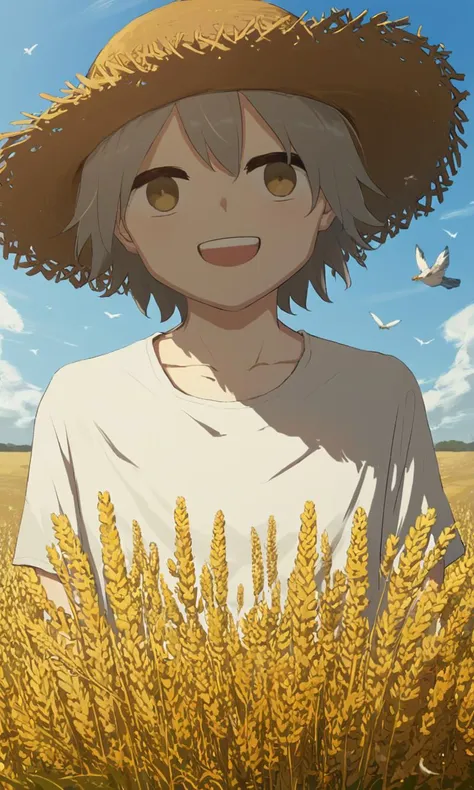 score_9, score_8_up, score_7_up, score_6_up, score_5_up, score_4_up, avogado6 style, 1boy, silver hair, smiling, warm, cozy, in a wheat field, looking at viewr, straw hat, bird, happy, summer, white shirt, yellow shors, wide view, detailed face