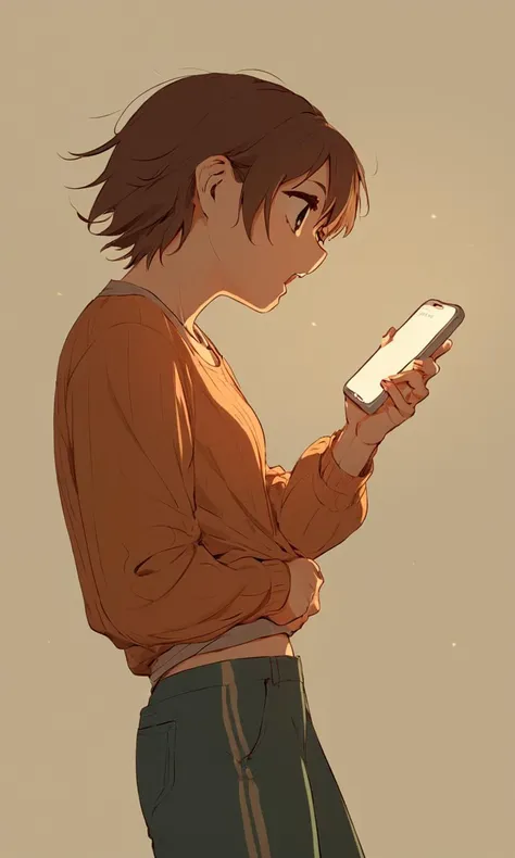 anime girl holding a cell phone in her hand and looking at it