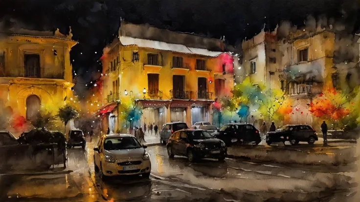 painting of a city street at night with cars and buildings