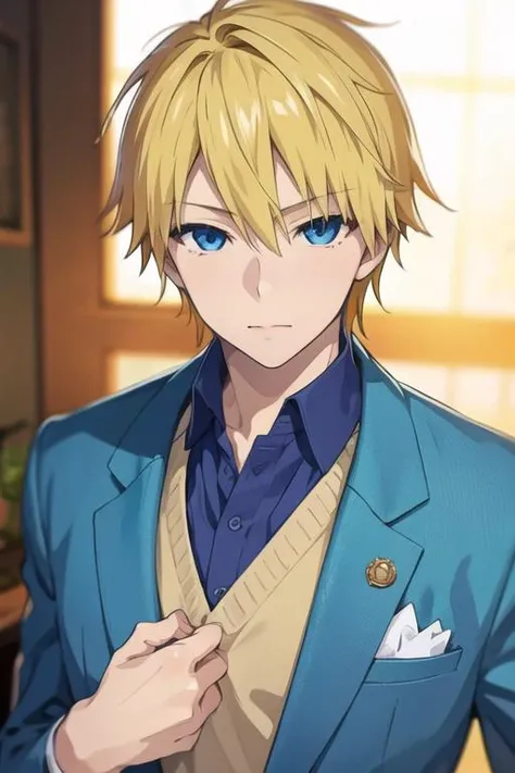 masterpiece, best quality, photorealistic, 1boy, solo, male focus, looking at viewer, , depth of field, <lora:itsuhito_sakaki:0.68>, itsuhito_sakaki, blonde hair, blue eyes, suit, , atompunk, High definition