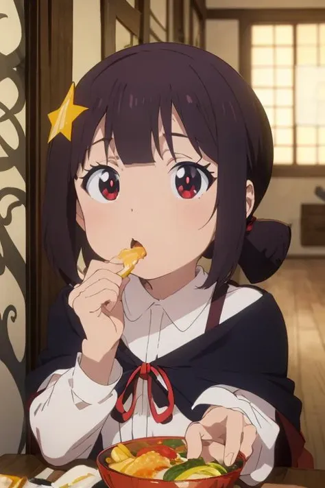 anime girl eating a bowl of food with a star on her head