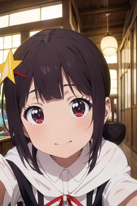 anime girl with black hair and red eyes in a school uniform