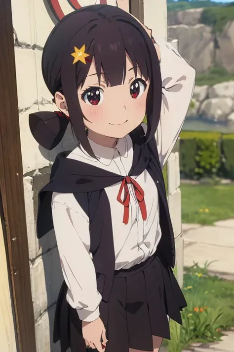 anime girl in a school uniform leaning against a wall