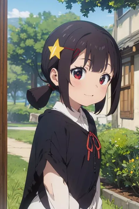 anime girl with a star in her hair standing in front of a house