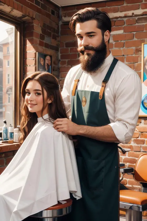 araffes in a barber shop getting a haircut by a woman