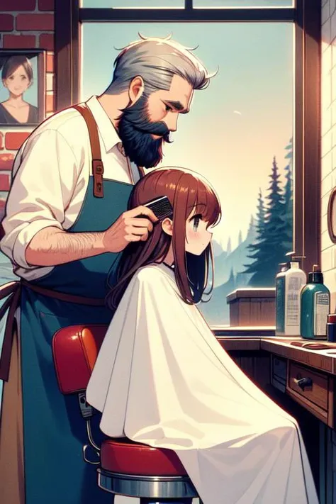 (((masterpiece))), (((best quality))), (((from side))), (((half body))), (((closeup))), ((retro barbershop)), ((two people)), ((a standing old man with a beard in apron holds a mini comb to combing)), ((a girl in white cloth sits on swivel stool)), window,...