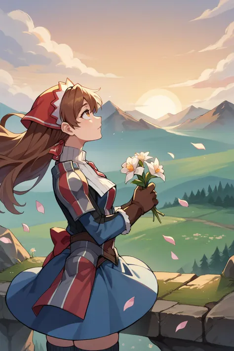 anime girl with long hair and a red hat holding a flower