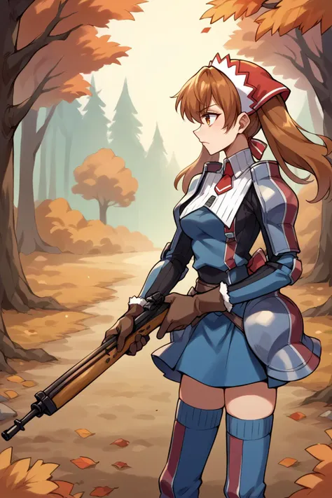 a woman in a uniform holding a rifle in a forest