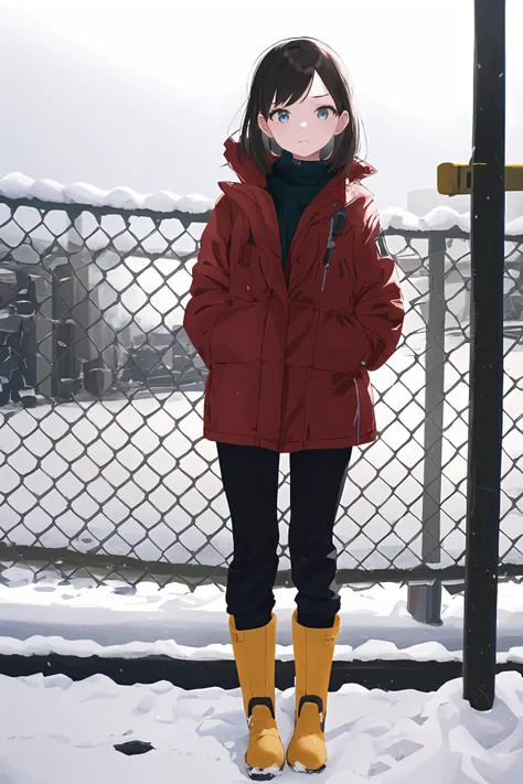 (best quality, masterpiece, highres),1girl,solo,side swept bangs,snow boots,pants_rolled_up,sigma 135mm,
<lora:chain-link fence_v1.05:1>,chain-link fence,angle shot,