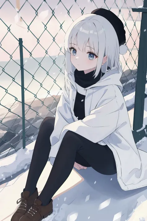 (best quality, masterpiece, highres),1girl,solo,closed mouth,silver hair,winter hat,clothes_down,sitting,100mm,
<lora:chain-link fence_v1.05:1>,chain-link fence,angle shot,