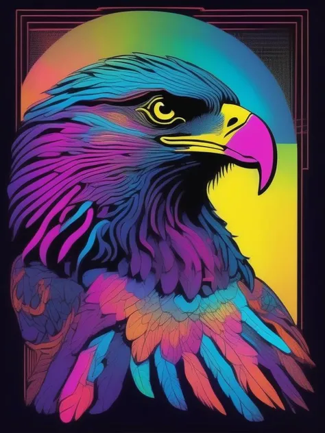 psychedelic eagle, neon colors, comic illustration