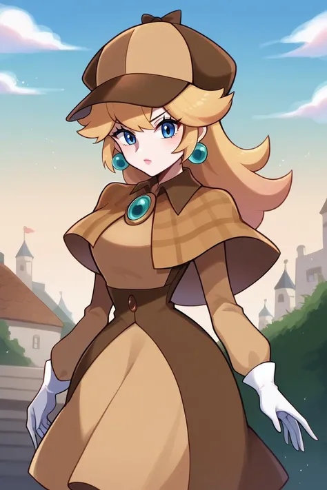 a woman in a brown dress and hat standing in front of a castle