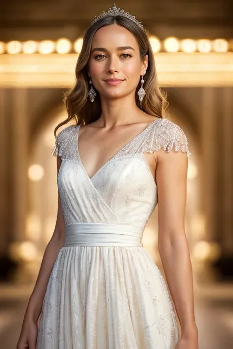 a woman in a white dress standing in a hallway