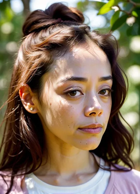 A stunning intricate color close up portrait of (aimeegarcia-ti:1) , wearing fancy shirt, epic character composition, sharp focus, natural lighting, subsurface scattering, f2, 35mm, film grain, , by Imogen Cunningham