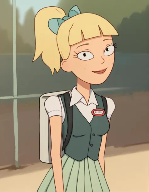 a close up of a cartoon girl with a backpack on a street