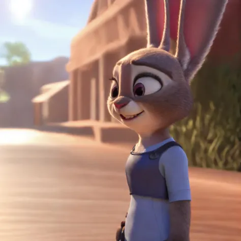 a close up of a cartoon rabbit standing on a sidewalk