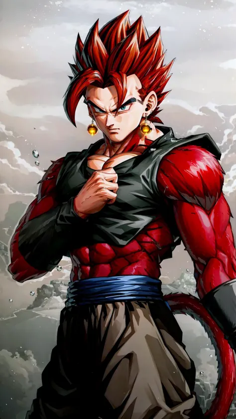 a drawing of a young gohan with a red hair and a black outfit