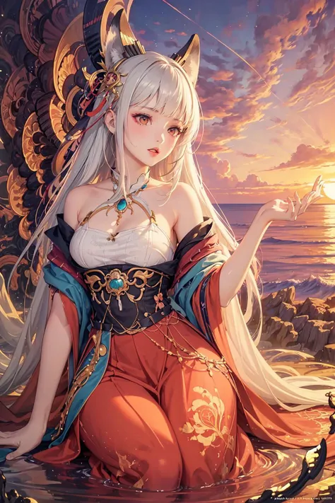 (masterpiece, top quality, best quality, official art, beautiful and aesthetic:1.2), (1girl), extreme detailed,(colorful:1.3),highest detailed, sunset, sea, white hair, (fractal art:1.3)