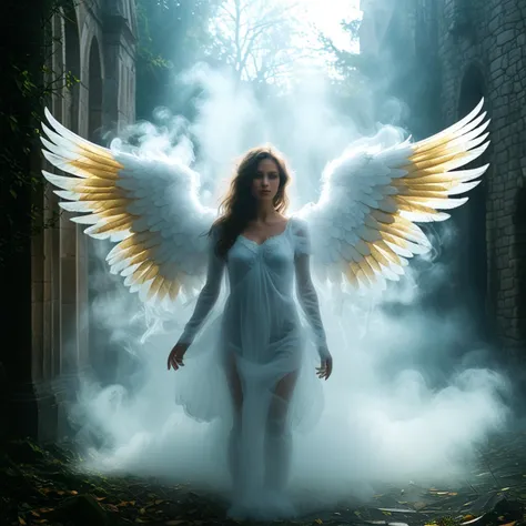 arafed woman in white dress with angel wings walking through a fogy area