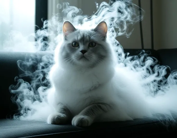 araffe cat sitting on a couch with smoke coming out of its back