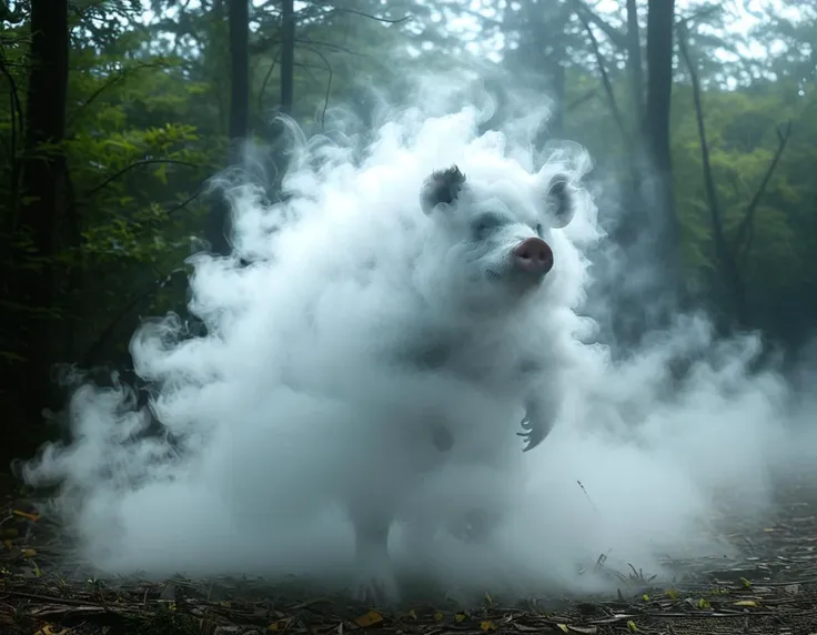 there is a dog that is standing in the smoke