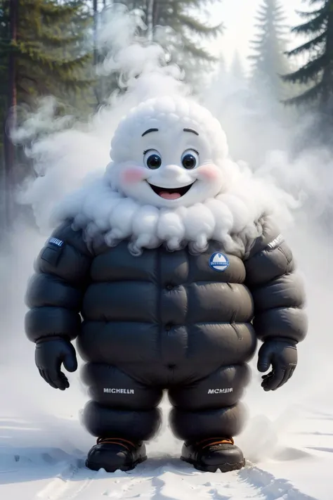 a close up of a person in a puffy suit standing in the snow