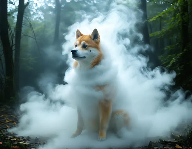 araffe dog sitting in a cloud of smoke in a forest