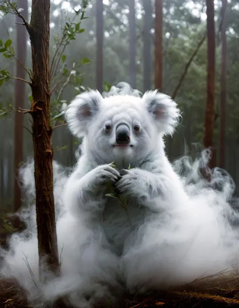 there is a white koala bear that is sitting in the woods