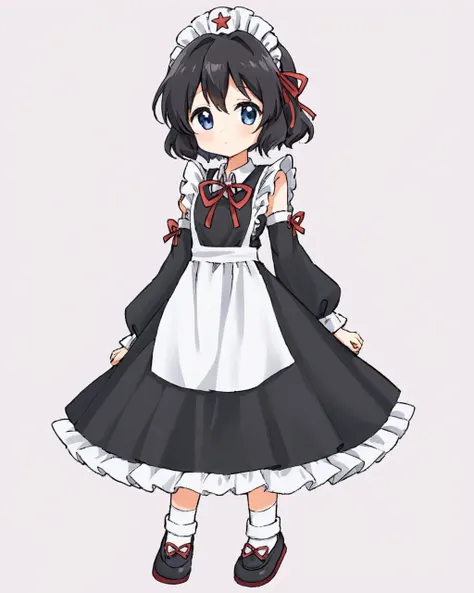 enraku tsubakura,solo, maid_headdress, full_body, red_ribbon, frills, detached_sleeves, white_background, 1girl, maid_apron, enmaided, simple_background, black_dress, neck_ribbon, 1other, bow, long_sleeves, ribbon_trim, mary_janes, white_socks, androgynous...