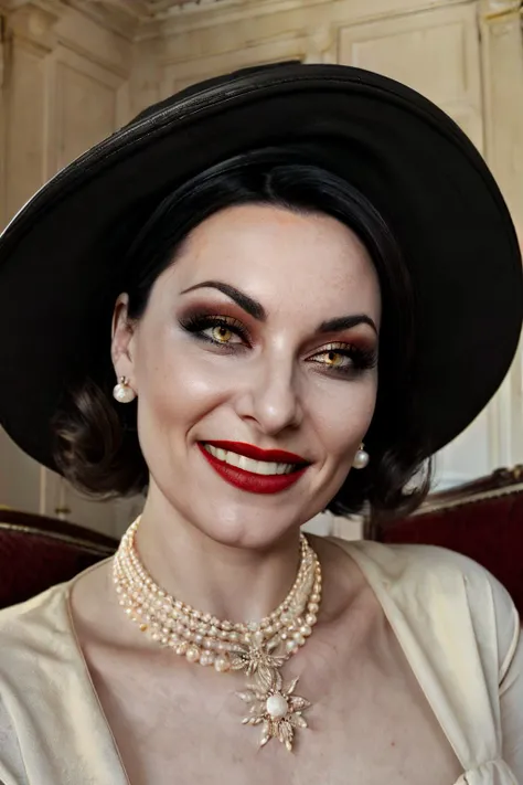 alcina dimitrescu, mature woman, yellow eyes,short black hair,red lipstick, single earring,hat, white dress, pearl necklace, looking at viewer,smiling, close up, inside, dinign room, high quality, masterpiece,
<lora:AlcinaDimitrescu:.7>