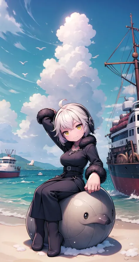 anime girl sitting on a ball on the beach with a ship in the background